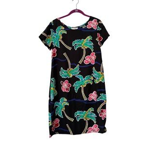 Hawaiian Muumuu Dress Ho Aloha Small Floral Palm Black